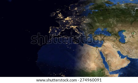 World Map Montage - Europe Day & Night Contrast (Public Domain Maps furnished by NASA)