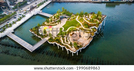 Little Island park at Pier 55 in New York, an artificial island park in the Hudson River west of Manhattan in New York City, adjoining Hudson River Park aerial view Stock foto © 