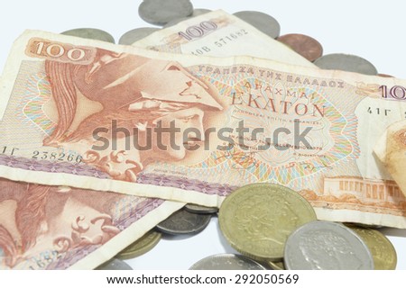 Old Greek currency drachma banknotes on white background