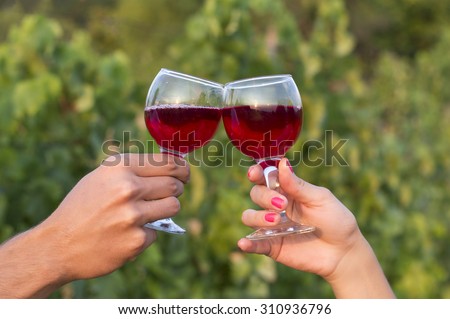 Woman and man in vineyard drinking red wine in the sunshine clinking their glasses. Blurry vineyard background