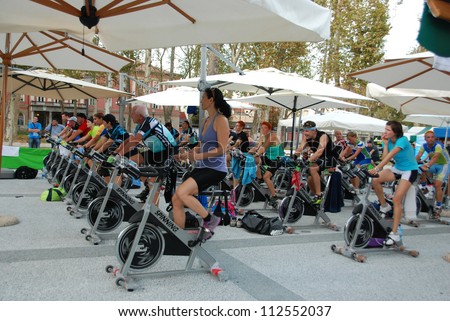 LJUBLJANA, SLOVENIA - AUGUST 28: Spinning marathon challenge. Charity sport event organized by Society \