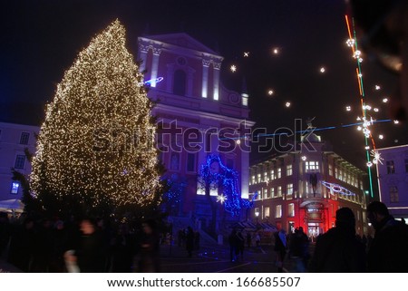 LJUBLJANA, SLOVENIA - DECEMBER 4: Preseren square in festive lightning in December for Christmas and New Year\'s eve celebration with entertainment program. Ljubljana, Slovenia, on December 4, 2013.