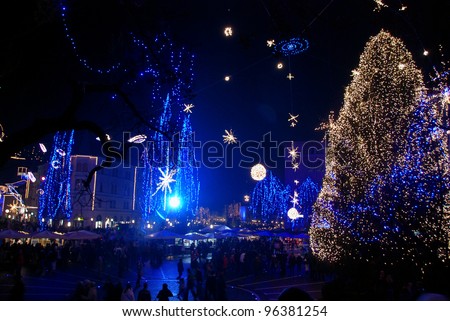 LJUBLJANA, SLOVENIA - JANUARY 1: Night on Preseren square in festive lightning for Christmas and New Year\'s eve celebration with entertainment program. Ljubljana, Slovenia, on January 1, 2012.