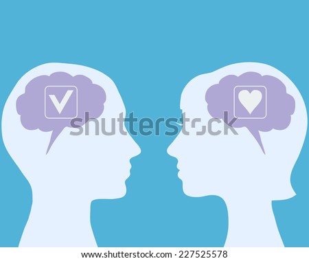 Man and woman's heads silhouettes with different thoughts in mind, nuances of relationships concept vector illustration.