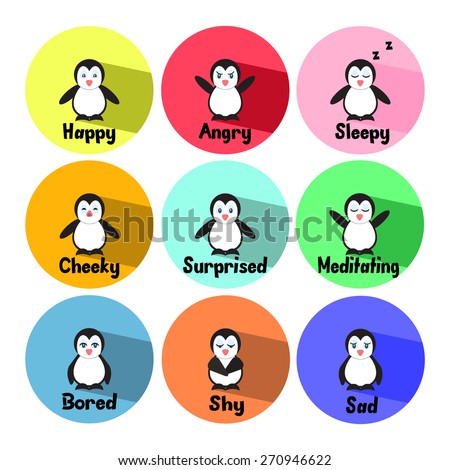 Set of penguins expressing emotions: happy, angry, sleepy, cheeky, surprised, meditating, bored, shy, sad. Trendy icons with flat style and long shadow. Character elements for your design.