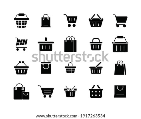 Set of shopping cart glyph icons. Simple solid style for web template and app. Online store, shop basket, bag concept. Vector illustration isolated on white background. EPS 10