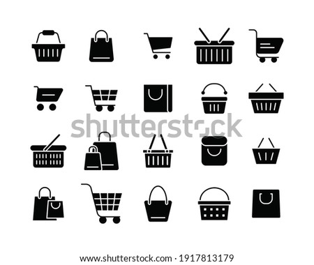 Set of shopping cart glyph icons. Simple solid style for web template and app. Online store, shop basket, bag concept. Vector illustration isolated on white background. EPS 10