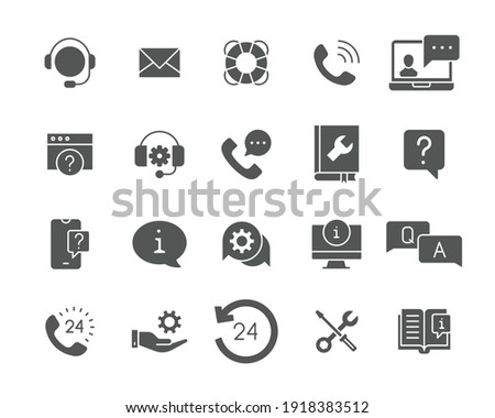 Help and support glyph icon set. Simple solid style symbol for web template and app. Online service, call center, contact phone concept. Vector illustration isolated on white background. EPS 10