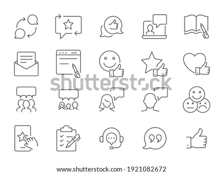 Business and finance web line icon set. Testimonials, customer relationship management or CRM concept. Simple outline style symbol collection. Vector illustration isolated on white background. EPS 10.