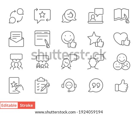 Business and finance web line icon set. Testimonials, customer relationship management or CRM concept. Simple outline style symbol collection. Vector illustration isolated. Editable stroke EPS 10.