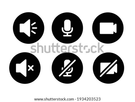 Speaker, Mic and Video Camera glyph icon set. Simple solid style for Video Conference, Webinar and Video chat. Microphone, audio, sound, mute, off concept. Vector illustration isolated. EPS 10.