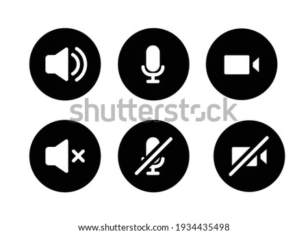 Speaker, Mic and Video Camera glyph icon set. Simple solid style for Video Conference, Webinar and Video chat. Microphone, audio, sound, mute, off concept. Vector illustration isolated. EPS 10.