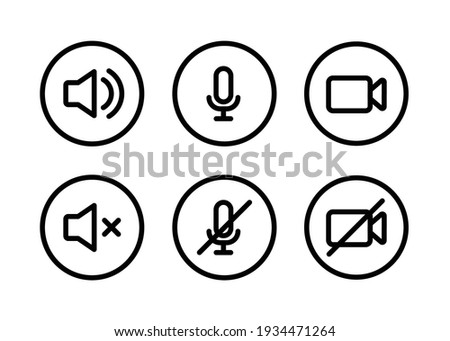 Speaker, Mic and Video Camera line icon set. Simple outline style for Video Conference, Webinar and Video chat. Microphone, audio, sound, mute, off concept. Vector illustration isolated. EPS 10.