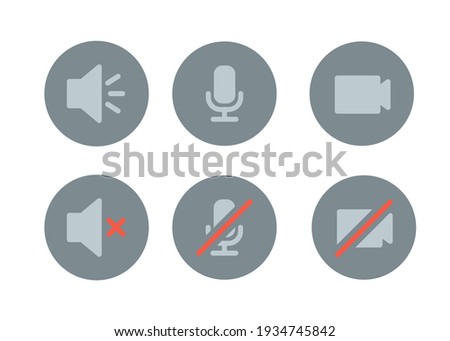 Speaker, Mic and Video Camera icon set. Simple flat style for Video Conference, Webinar and Video chat. Microphone, audio, sound, mute, off concept. Vector illustration isolated. EPS 10.