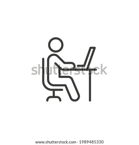 Man behind computer desk line icon. Simple outline style. Person, work, laptop, table, chair, seat, workplace concept. Vector illustration isolated on white background. Thin stroke EPS 10.