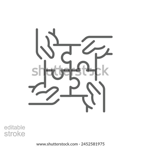 Hands connecting puzzle icon. Simple outline style. 4 hands connecting four puzzle pieces into a full square, community concept. Thin line symbol. Vector illustration isolated. Editable stroke.