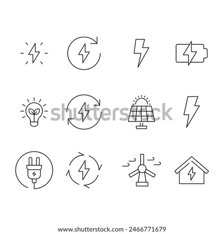 Energy icon set. Simple outline style. Electric, power, save, solar panel, battery, light, charge, wind turbine, green energy concept. Thin line symbol. Vector illustration isolated.