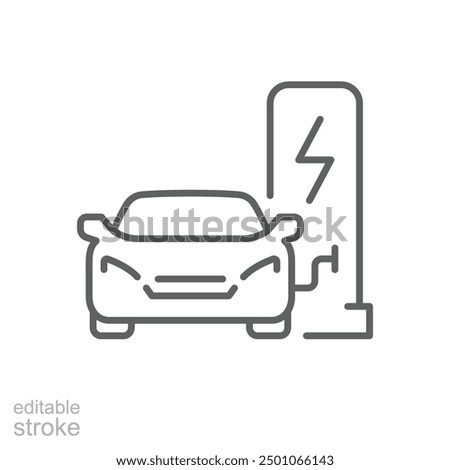 Electric car charging station icon. Simple outline style. Car, EV, charge, electric vehicle, eco, technology, future energy concept. Thin line symbol. Vector illustration isolated. Editable stroke.