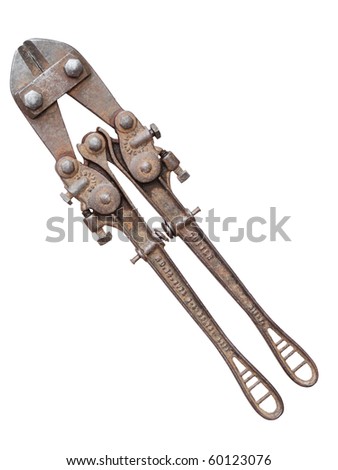 An old, rusty and aged wire cutter also known as pliers, cut-out from the background. All trade marks were removed. Clipping path is included.