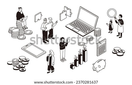 Illustration of an isometric composition imagining investment and asset management