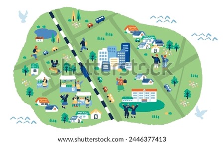 Simple and flat illustration of cityscape and people