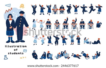 Image illustration of junior high school and high school students. A set of simple and flat illustrations of students wearing uniforms.