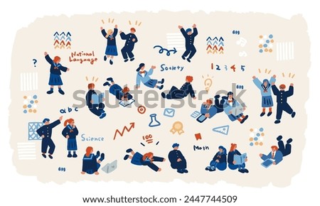 Simple and flat illustration of children in uniforms studying