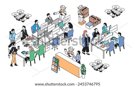 Isometric composition Illustration of an AI robot and people working in an office