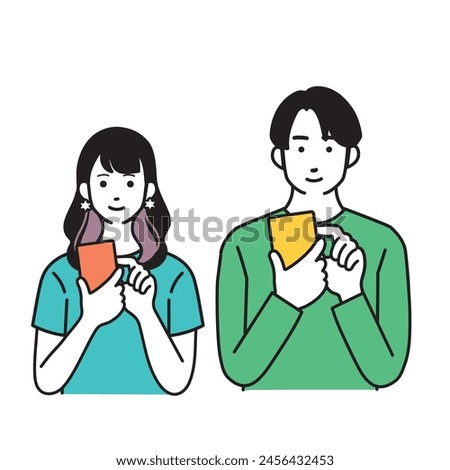 Illustration of a smiling simple man and woman holding smartphones