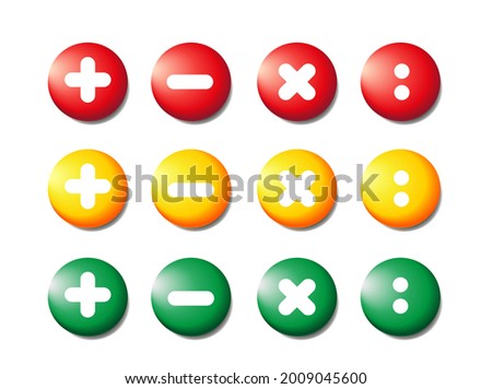 Collection of realistic icons. 3D colorful round button. Pin the icon layout. Red, yellow, green icons. Mathematical symbols. Plus sign, minus, multiply, divide . Vector illustration.