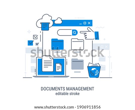 Documents management. File manager, data storage. Files search. Editable stroke vector illustration.