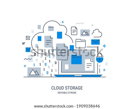 Modern vector illustration of cloud storage. Information sharing and saving. Editable stroke.