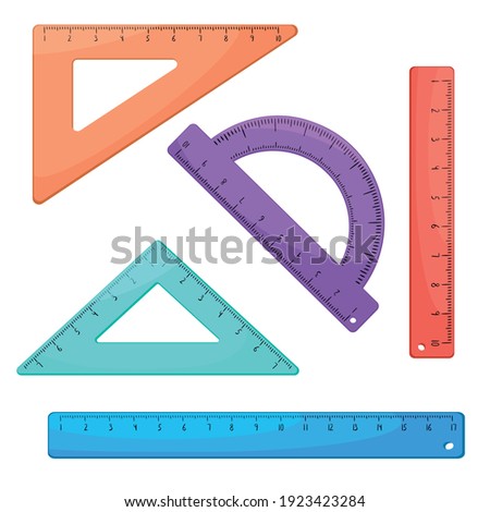 Set of multicolored school rulers isolated on white background. Flat vector illustration. Protractor, rulers, triangular rulers with scale


