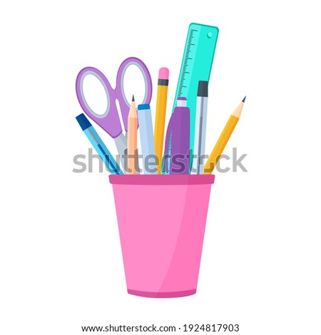 Vector illustration Office equipment pen holder. A set of bright office supplies in a flat cup. Bright Colored Pen Carandashi Scissors Ruler. Isolated on white background

