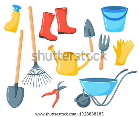 Vector set of gardening tools in cartoon style. Illusion isolated on white background. Bright colored garden wheelbarrow, boots, shovels
