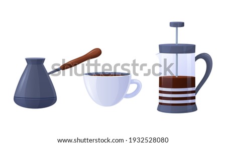 Cartoon set of kitchen tools for coffee. Vector set of mug, cezve, french press. Isolated on a white background. Coffee set
