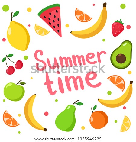 Vector set with fruits. Summer illustration Isolated on white background. Fruit banner. Watermelon, bananas, cherries, strawberries, apples, pears

