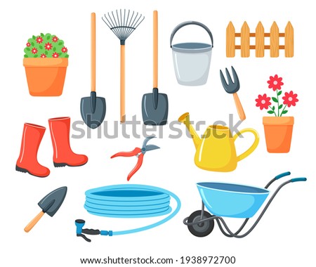 Set of vector illustrations for the garden. collection of items for agriculture in cartoon style. Isolated on white background. Watering can, boots, garden wheelbarrow, shovels, flowers, hose, bucket
