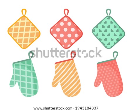 Vector illustration of oven mitt. A set of colored kitchen accessories with patterns. Isolated on white background.
