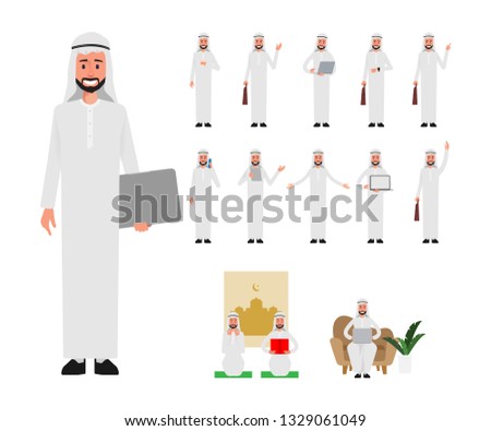 Set of Arab Muslim man in lifestyle daily. Business people in job. Daily routine activity.