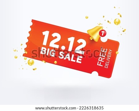 3D Gift voucher big sale coupon. For business promotion sales and Discount online purchases. Tag label, banner with golden bell isolated. 3d rendering. 12.12 ,1212,12 big sale banner.