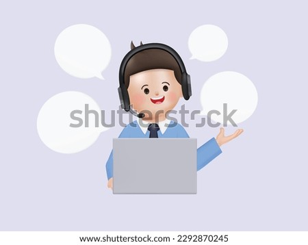 Man with headphones and microphone working on laptop computer. Customer support website. Concept illustration for support, assistance, call center. Cartoon minimal style.