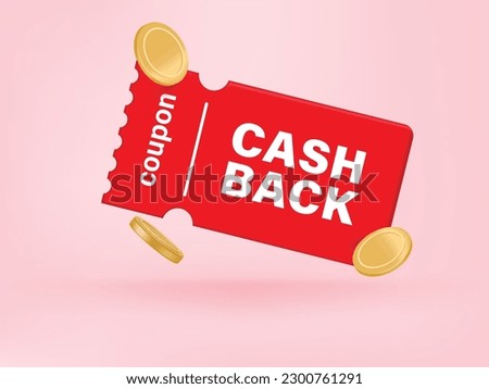 3D Gift voucher with coupon Cash back. For business promotion sales and Discount online purchases. Tag label, sale banner with golden coin cash back. 3d rendering.