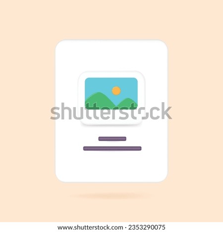 3d Image, photo, jpg file. Mountains and sun landscape. Picture in a frame. 3d vector icon. Cartoon minimal style.