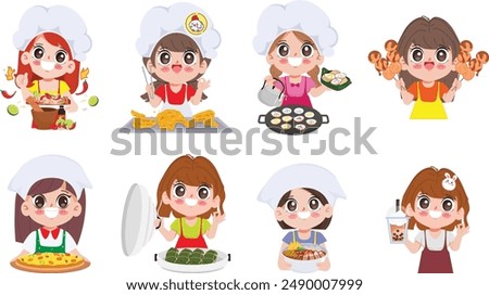 Set of cartoon cute woman with Thai food logo for sticker label design. 