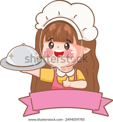 Cute chef woman in uniform character holding a silver dome. Design for sticker label design