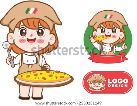 Cute chef cooking food character with pizza logo cartoon design. Hand drawn vector illustration premium.