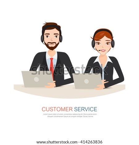 Male and female call center avatar icons with a faceless man and woman wearing headsets with colorful speech bubbles conceptual of client services and communication.