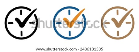 Check mark on clock vector icons. Real time protection vector signs set