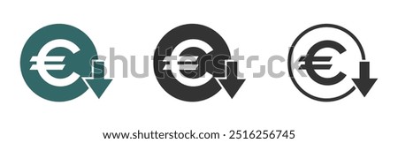 Cost reduction vector signs. Euro decrease vector icons